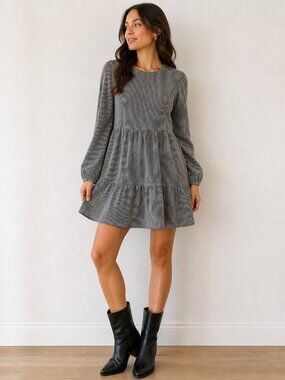 Caution to the Wind Striped Babydoll Dress Black White Long Sleeve